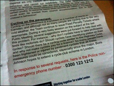 Cycling on the pavement screenshot of text from police briefing