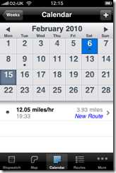 iPhone cyclemeter showing the calendar view that tracks your rides