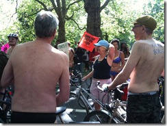 cyclists waiting to depart for naked bike ride in london