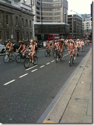 london naked bike ride on the bridge