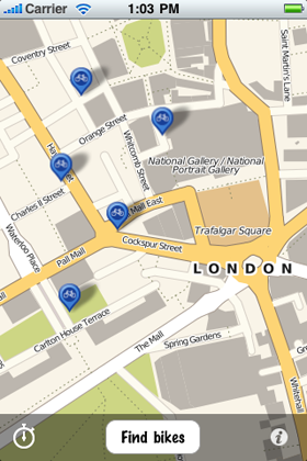initial view inside the cycle hire app