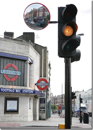 Trixi mirror outside Tooting Bec Tube promoting cyclist safety