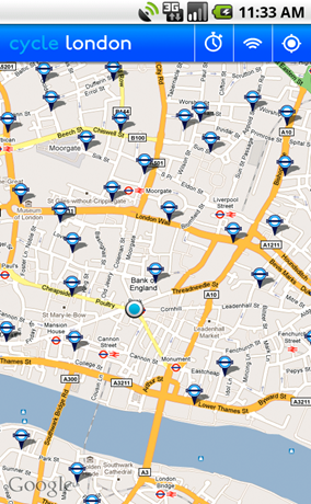 Cycle hire app for the Android showing locations map