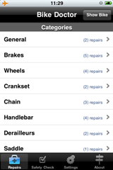 Screenshot of the iPhone app showing the categories of repair