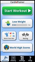 Cardio Trainer cycling app for the Android showing main screen