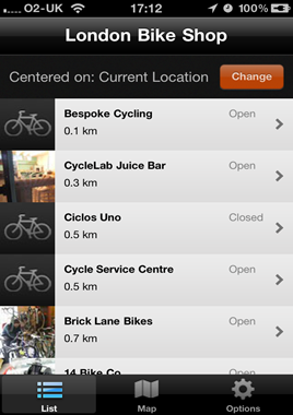 London Bike Shop App list screen