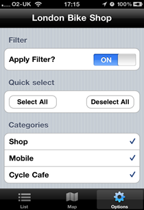 Bike shop app showing filter settings