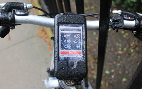 Tigra iPhone bike mount with water on the cover