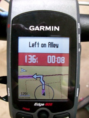 Garmin 605 cycling GPS instructing to turn left on Alley Garmin 605 cycling GPS instructing to turn left on Alley