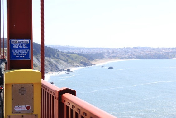 There is hope emergency councelling box on the Golden Gate Bridge with a view of the sea where we originally pedalled from