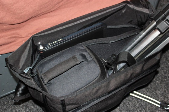 Chrome Buran showing the inside capacity with a 15" laptop and camera