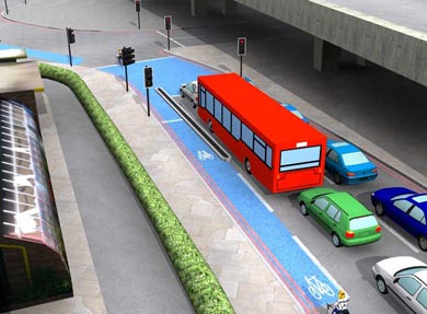 Bow Roundabout showing TfL visualisation with blue lanes ahead of the main traffic and with separate traffic lights