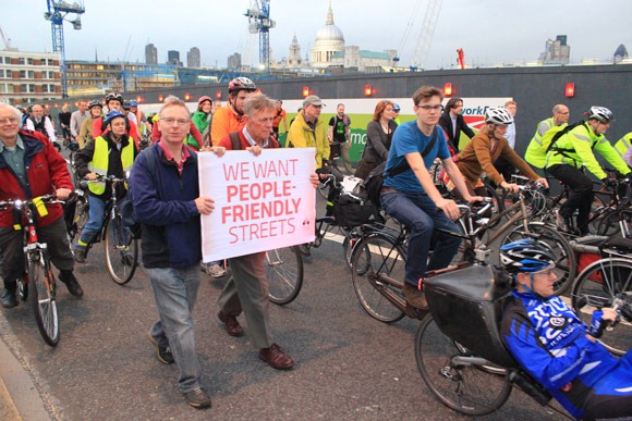 We want people friendly streets sign held at Blackfriars Protest