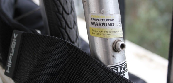 a bike that has been tagged with a sticker