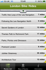 The ride selection screen allows you to pick one of the London bike rides or use filters to narrow the results down