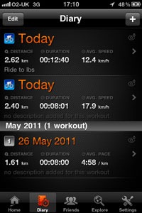 Diary view on the Sports Tracker application