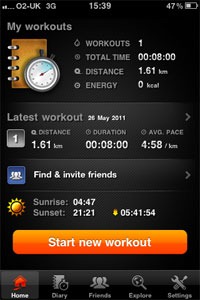 Sports tracker starting screen