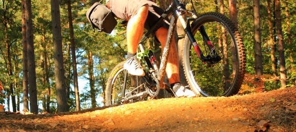 Mountain bike climbs uphill in Swinley Forest