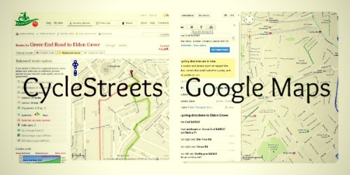 A screengrab from the CycleStreets website and the Google Maps website