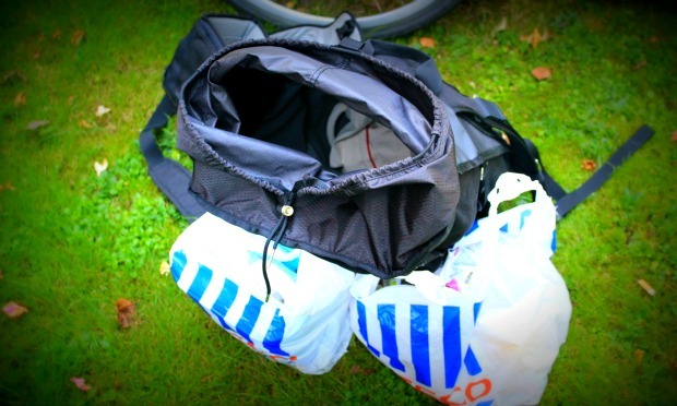 Chrome bag with shopping bags at side