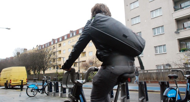 Andreas riding around London on a Boris Bike testing the Wingman