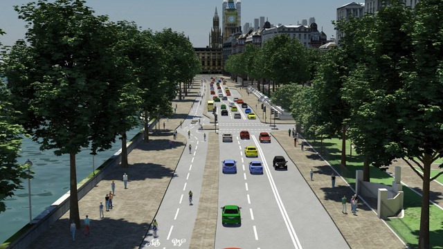 Victoria Embankment has been re-envisioned in the new plans to give cyclists a separated path from traffic