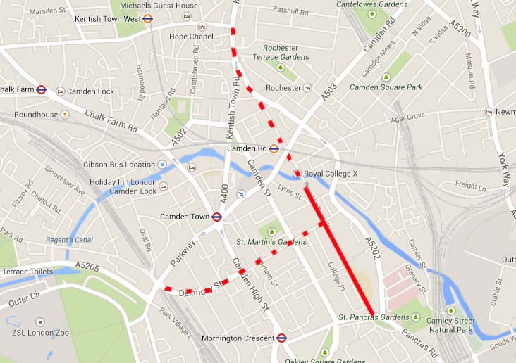Royal College Street extension plan - original image from Google Maps