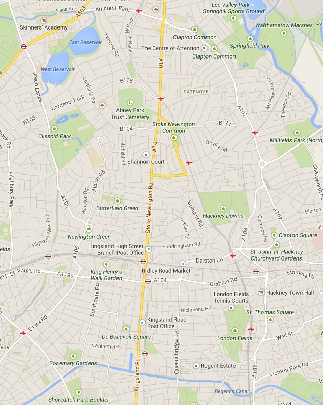 The A10 runs north-south, covering Kingsland Road and Stoke Newington Road. Is a parallel quietway possible? - from Google Maps