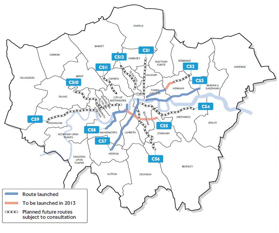 TfL's plan for the Cycle Superhighways, showing their preferred route for CS1