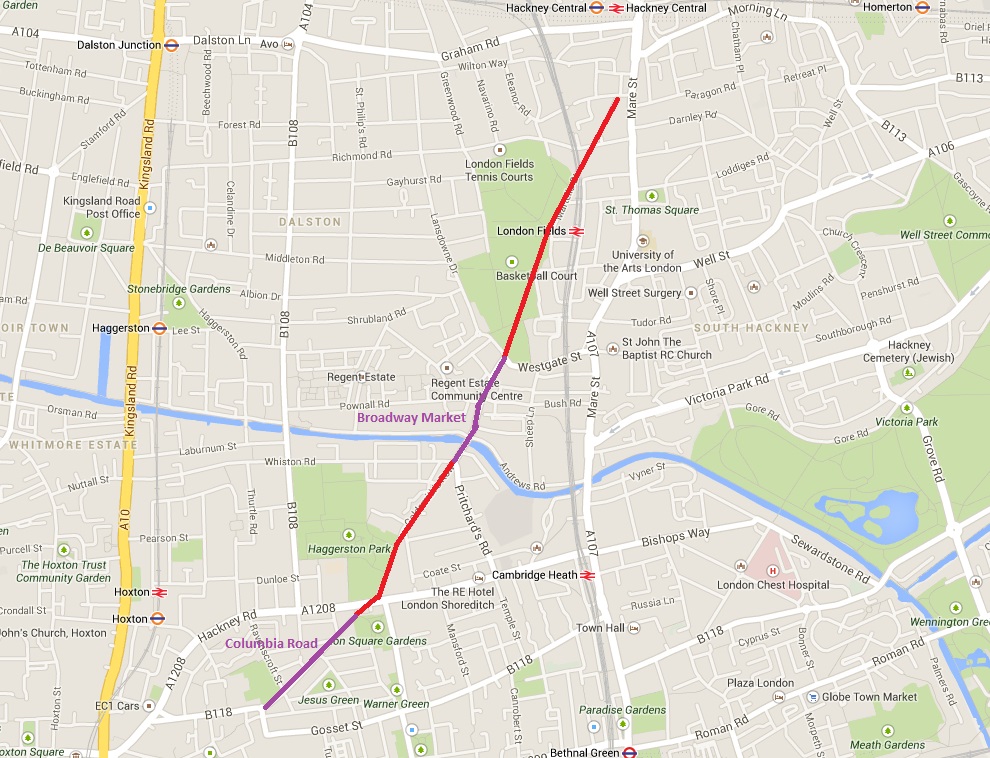 Broadway Market, in purple, is the missing link in Hackney's traffic free route - from Google maps