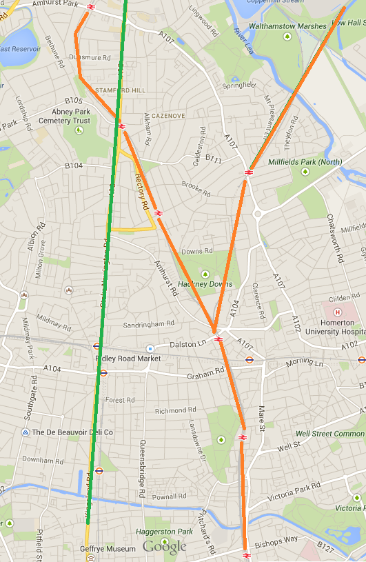 The A10, highlighted in Green, and the soon-to-be Overground line, in Orange - from Google Maps